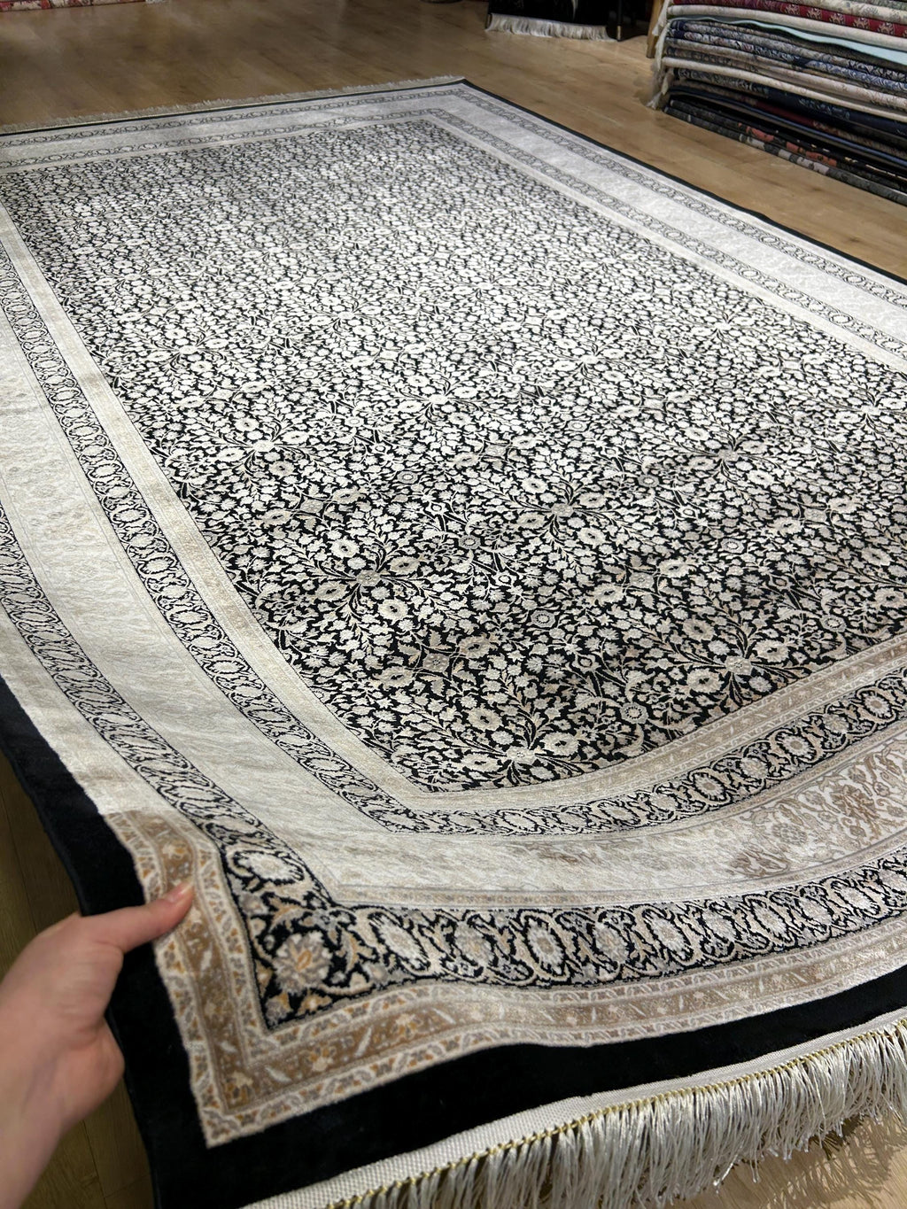 Black Silk Rug with Beige Floral Pattern, Classic Turkish Rug