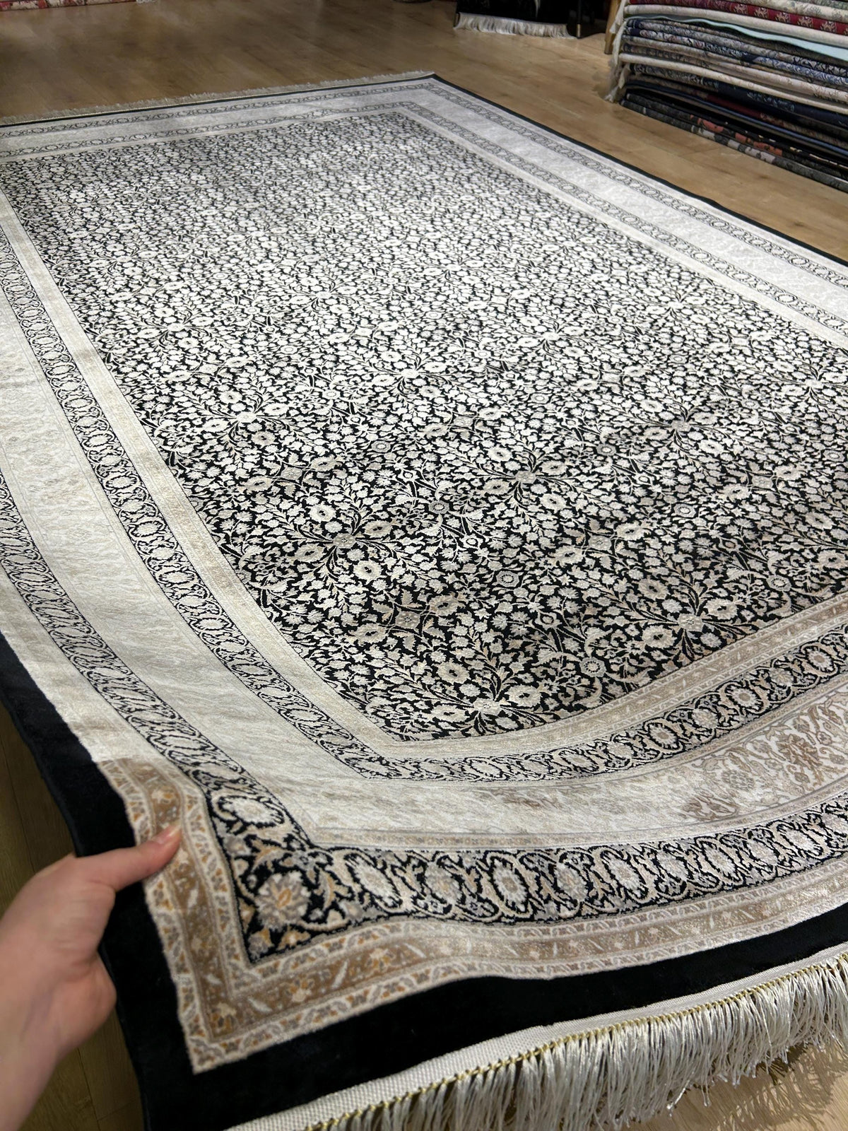 Black Silk Rug with Beige Floral Pattern, Classic Turkish Rug