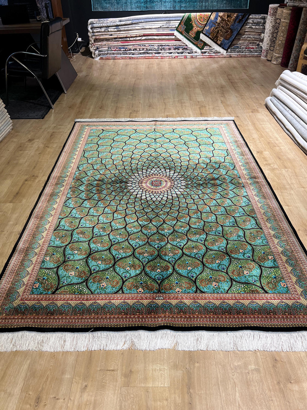 5x8 ft Luxury Green Silk Rug With Floral Border and Medallion