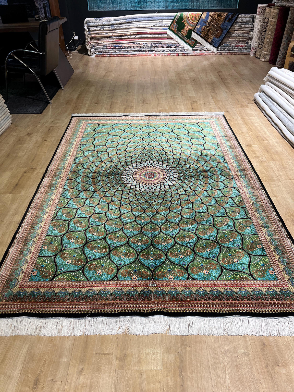 5x8 ft Luxury Green Silk Rug With Floral Border and Medallion