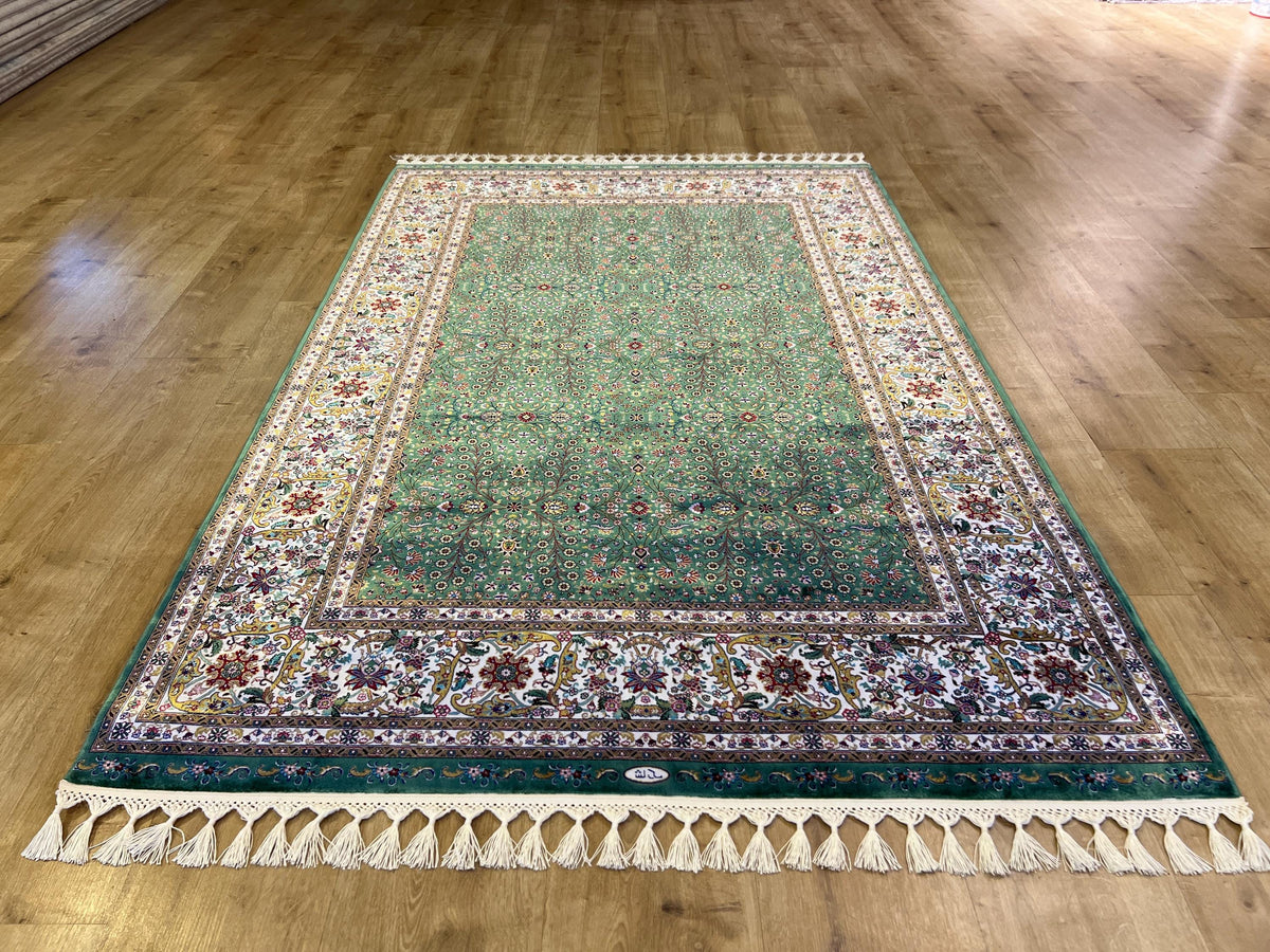 Green Modal Silk Turkish Carpet, 4x6 ft, Living Room Rug