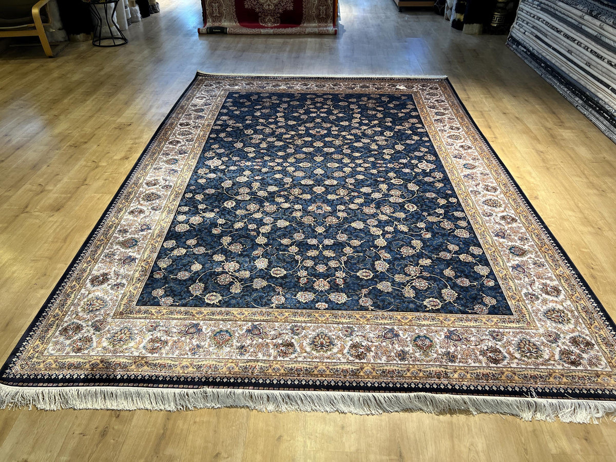 8x11 ft Blue Silk Bamboo Rug with Ivory Border and Gold Pattern, Classic Design