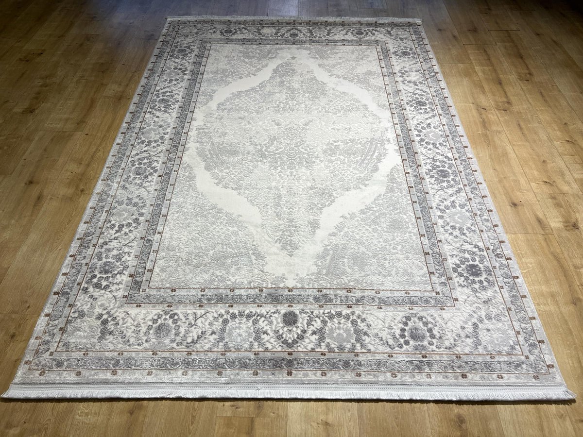 Gray Silver Bamboo Area Rug, Turkish Medallion Design Carpet (5x8 ft)
