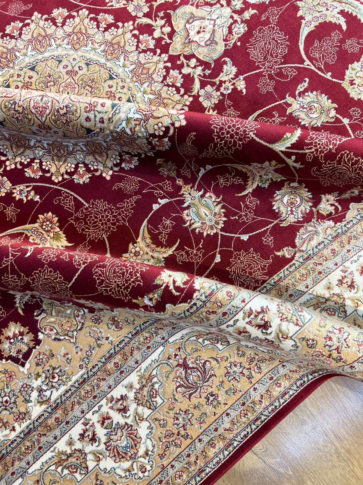 5x8 ft Classic Silk Carpet, Red Base Gold Medallion, Turkish Style
