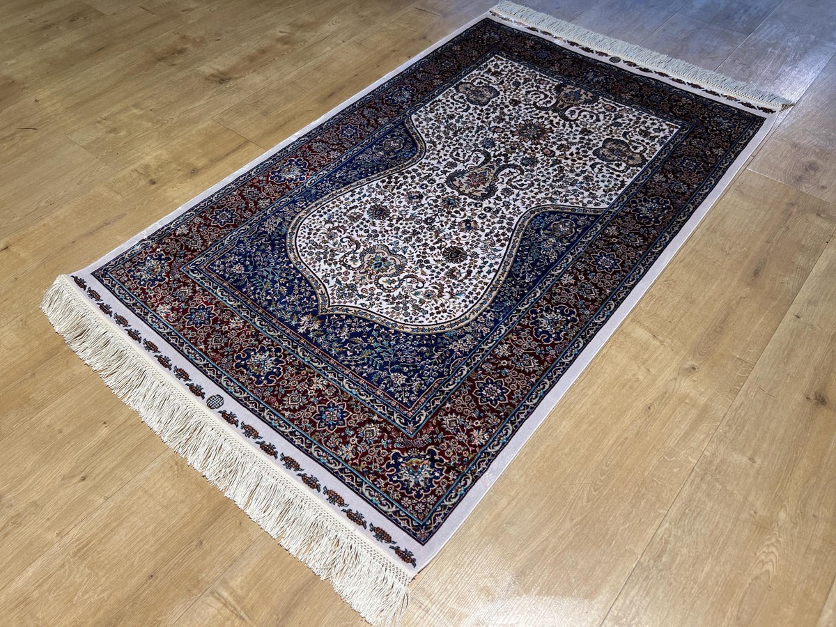 Silk Prayer Rug, Red Blue Muslim Gift Mat, Janamaz Rug 2.62x4.10 ft