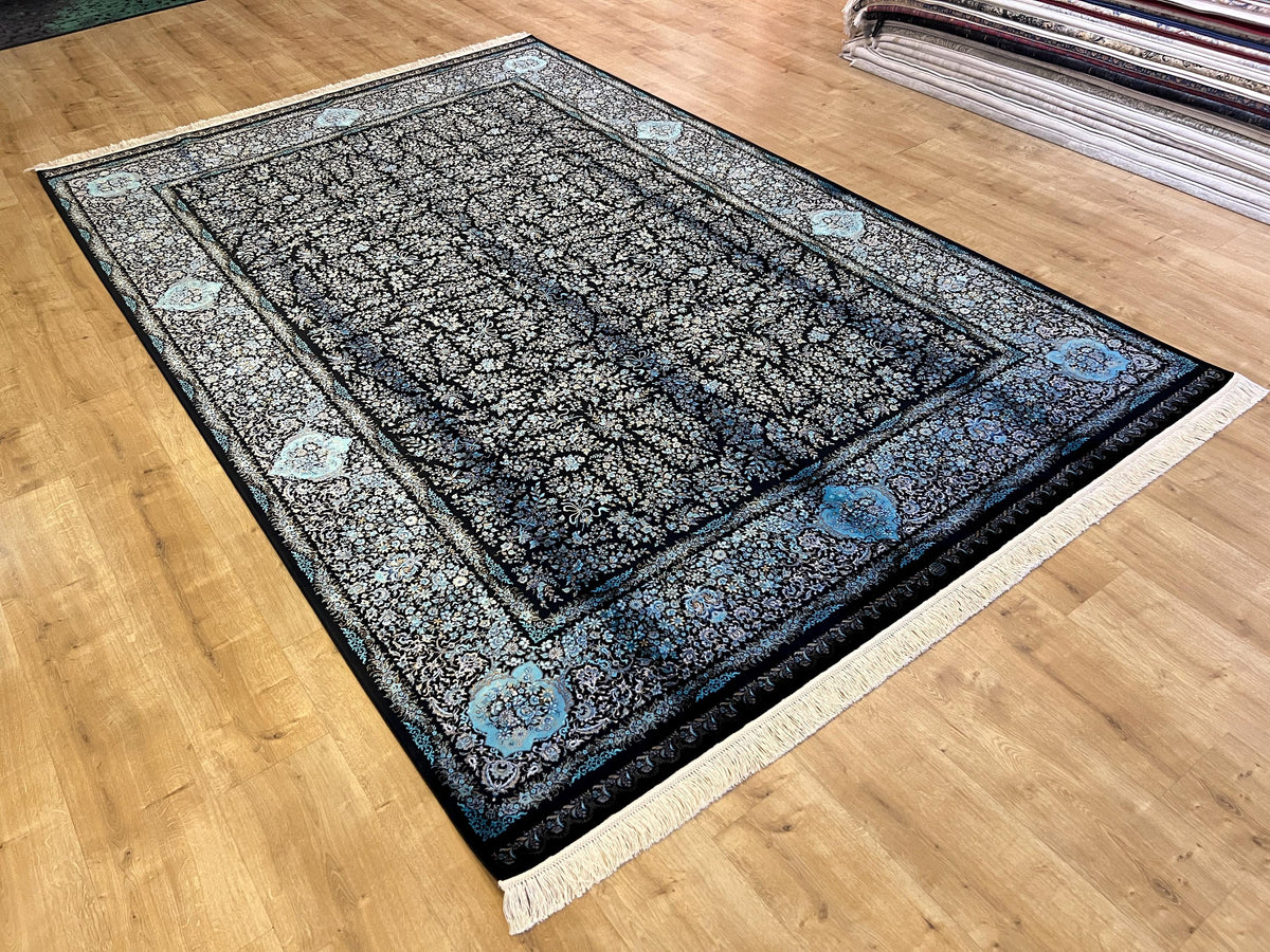7x10 ft Elegant Silk Rug, Black Ground with Refined Blue Motifs