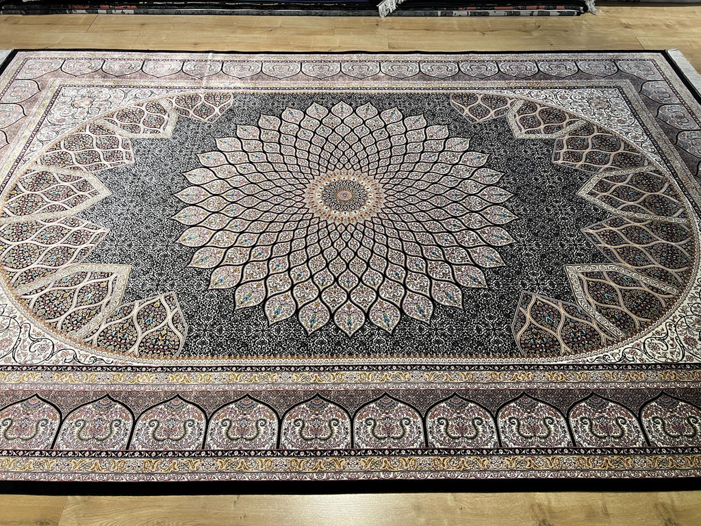 Black Silk Rug, Ivory Medallion Floral Design, Luxury Classic Carpet