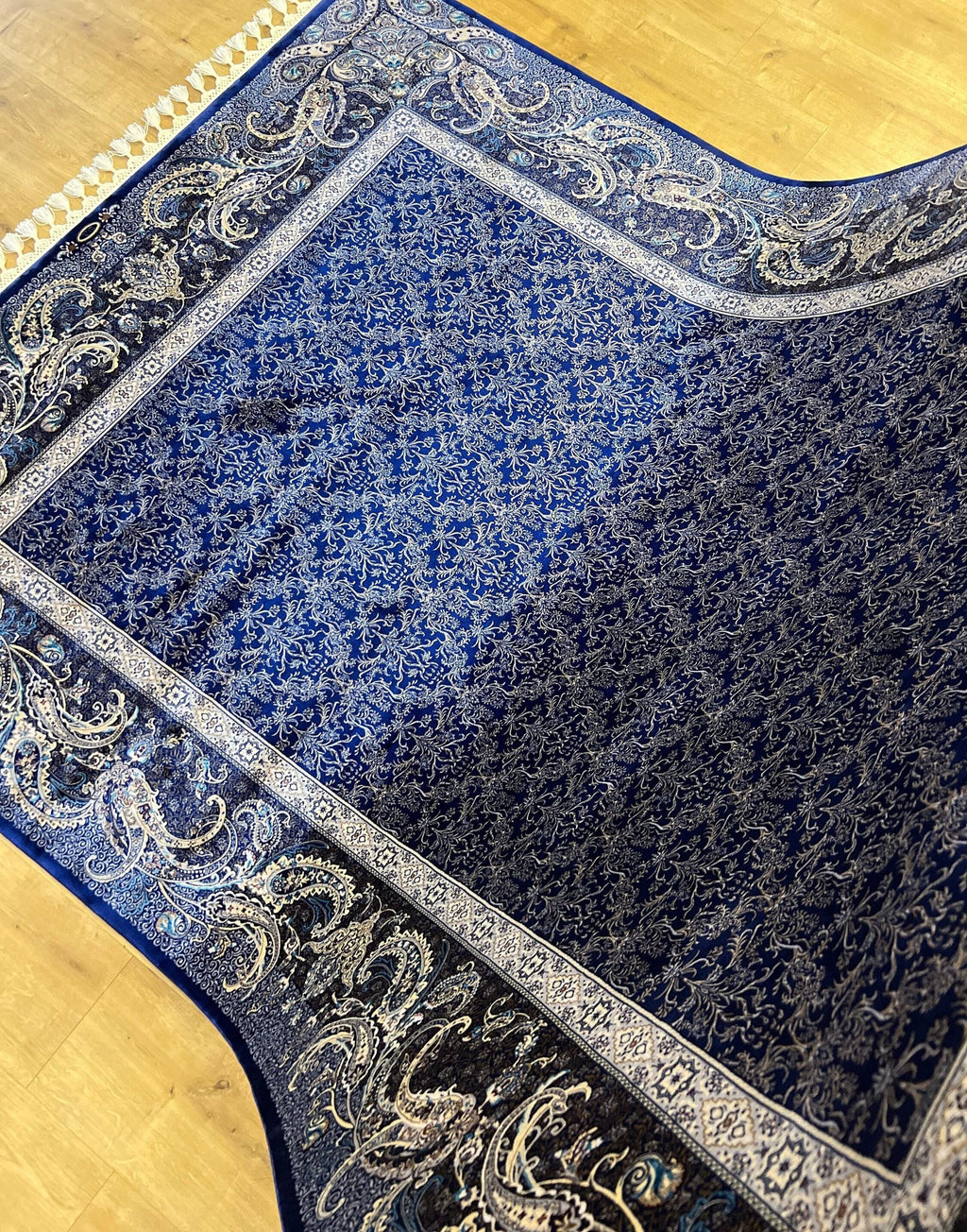 Dark Blue Silk Rug, Bordered Classic Turkish Carpet