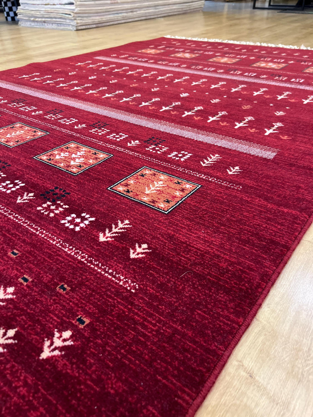 5x8 ft Red Wool Area Rug, Tree of Life Design, Ethnic Geometric Traditional Decor