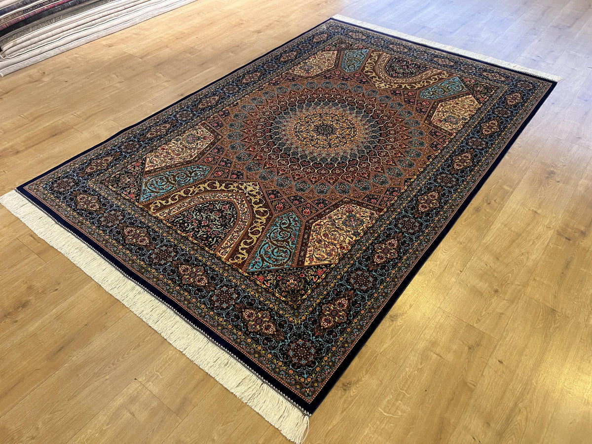 5x8 ft Silk Rug, Navy Blue Gold Medallion, Classic Turkish Style, Luxury Carpet