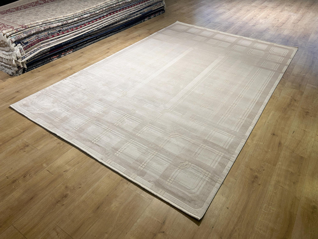 Beige Cream Bamboo Rug, Striped Minimalist Modern Rug, Oversize Carpet