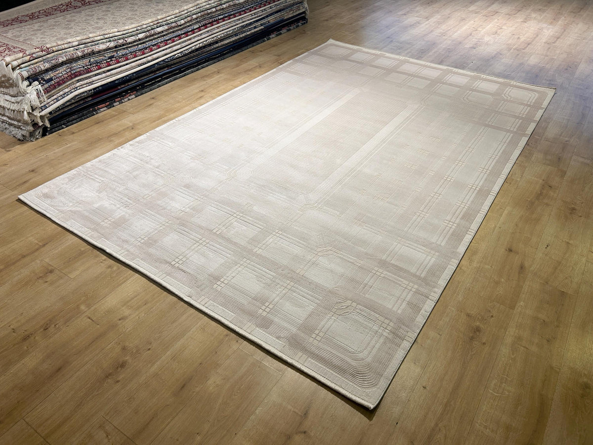 Beige Cream Bamboo Rug, Striped Minimalist Modern Rug, Oversize Carpet