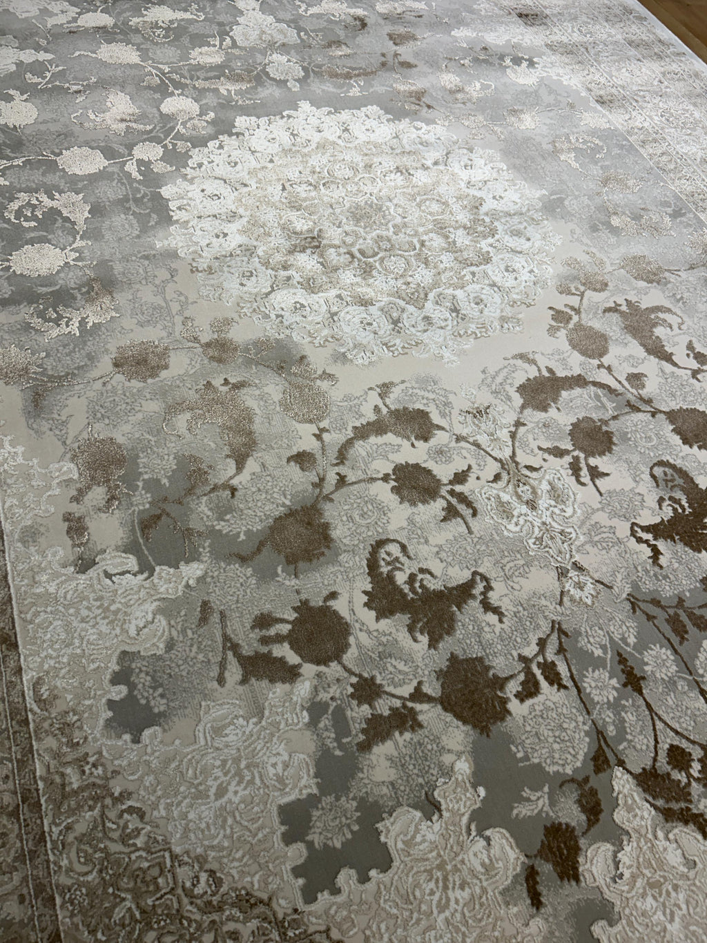 Gray Beige Brown Bamboo Rug, Luxury Medallion Design Bamboo Carpet, Home Decor