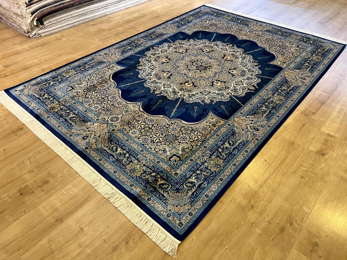 7x10 ft Luxury Blue Silk Area Rug, Classic Medallion Style, Oversize Rug