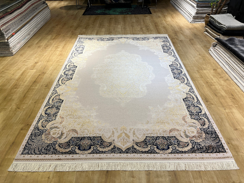 7x10 ft Modal Silk Turkish Rug, Gold & Blue Carpet