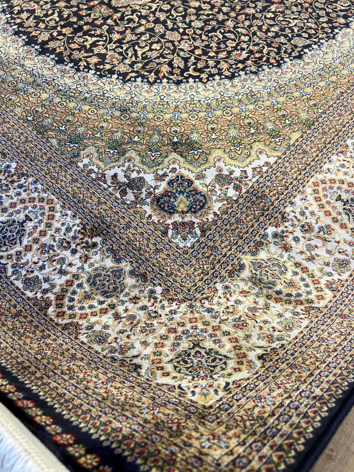 Dark Blue Silk Turkish Rug, 7x10 ft, Medallion Rug, Living Room Carpet