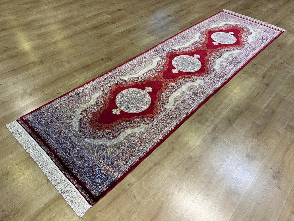 Red Medallion Silk Turkish Rug, Floral Pattern 3x10 ft Runner