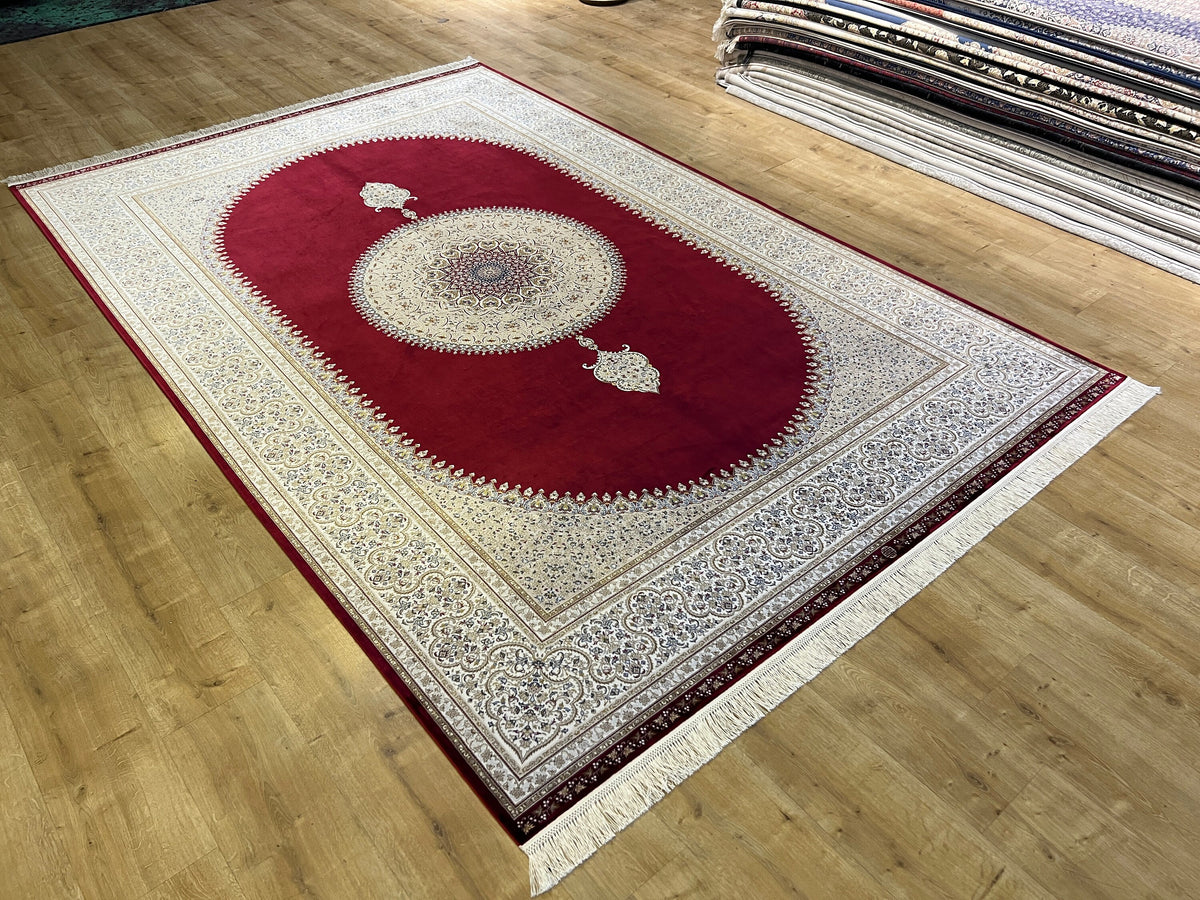 7x10 ft Silk Rug, Red Ground Gold Medallion Classic Design Silk Carpet