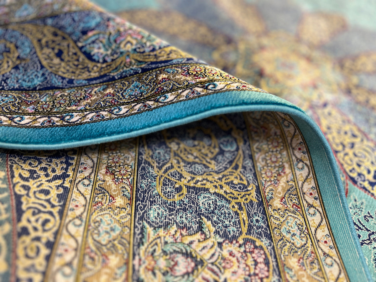Blue Gold Modal Silk Rug, Classic Turkish Style, Medallion Pattern