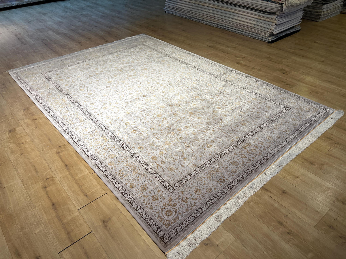 7x10 ft Brown Beige Silk Bamboo Rug, Framed Classic Design, Traditional Style Carpet