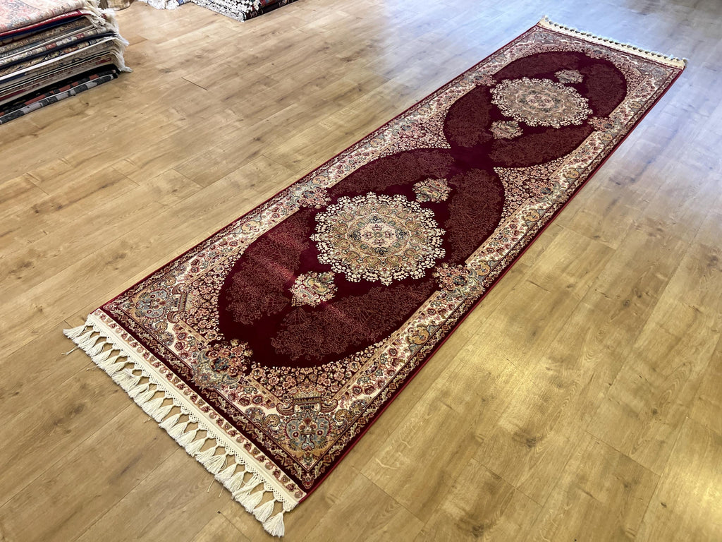 Red Silk Runner Rug, 3x10 ft, Medallion Design Classic Turkish Style Luxury Rug