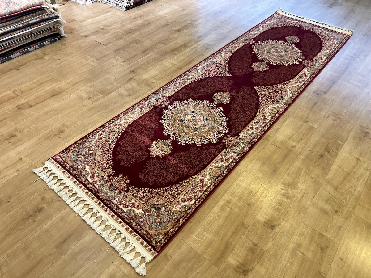 Red Silk Runner Rug, 3x10 ft, Medallion Design Classic Turkish Style Luxury Rug