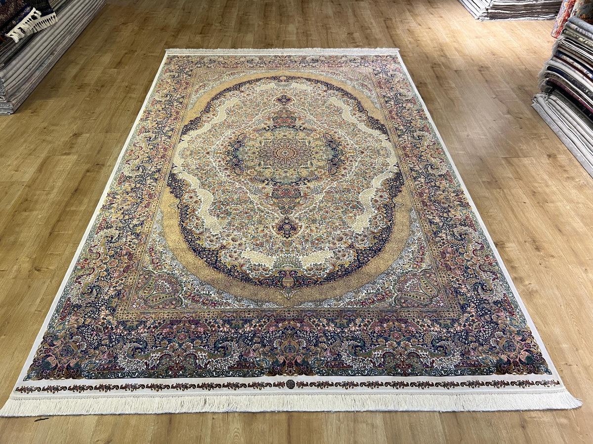 7x10 ft Ivory Silk Rug with Colourful Floral Medallion, Classic Luxury Carpet