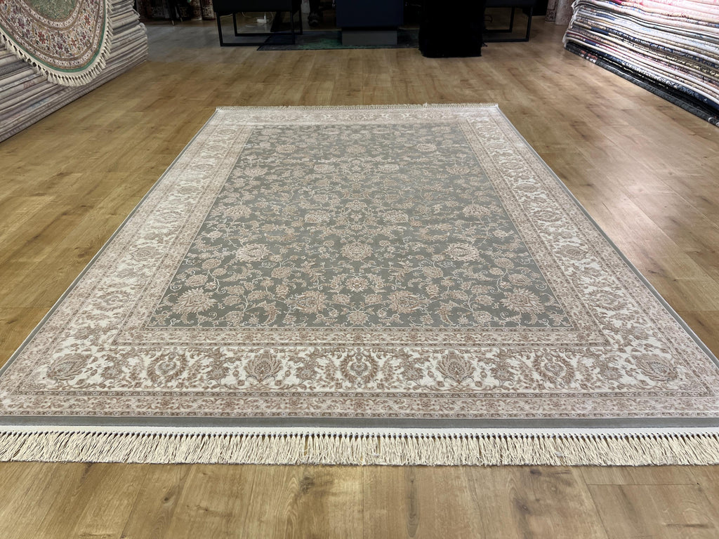 5x8 Ft Gray Bamboo Rug with Cream Border and Beige Pattern