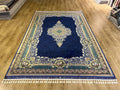 7x10 ft Navy Blue Silk Rug with Floral Medallion, Classic Turkish Style