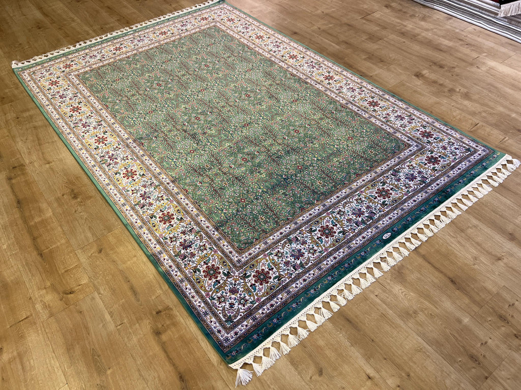 Green Floral Silk Rug with Ivory Frame Classic Turkish Design