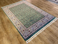 Green Floral Silk Rug with Ivory Frame Classic Turkish Design