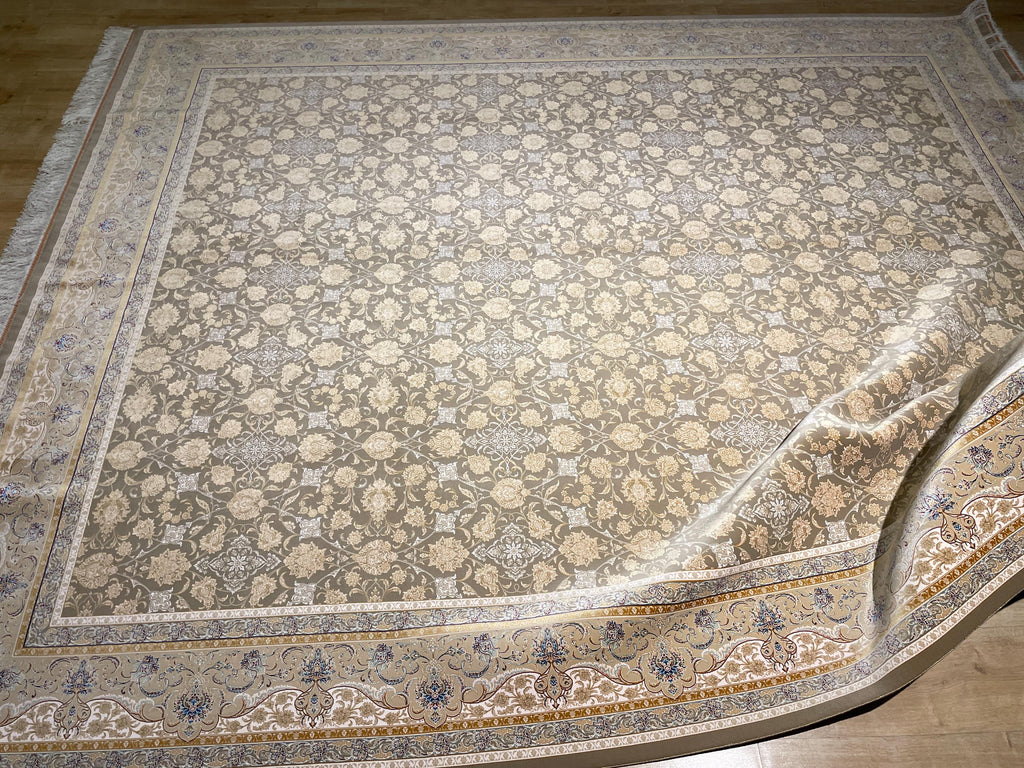 Beige Silk Rug, Cream Floral Design With Elegant Border, Luxury Area Rug