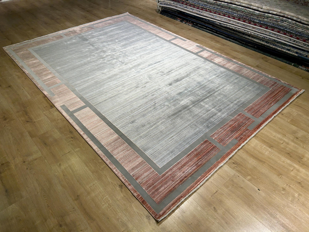 7x10 ft Pink Gray Beige Bamboo Rug, Bordered Minimalist Modern Rug, Oversize Carpet