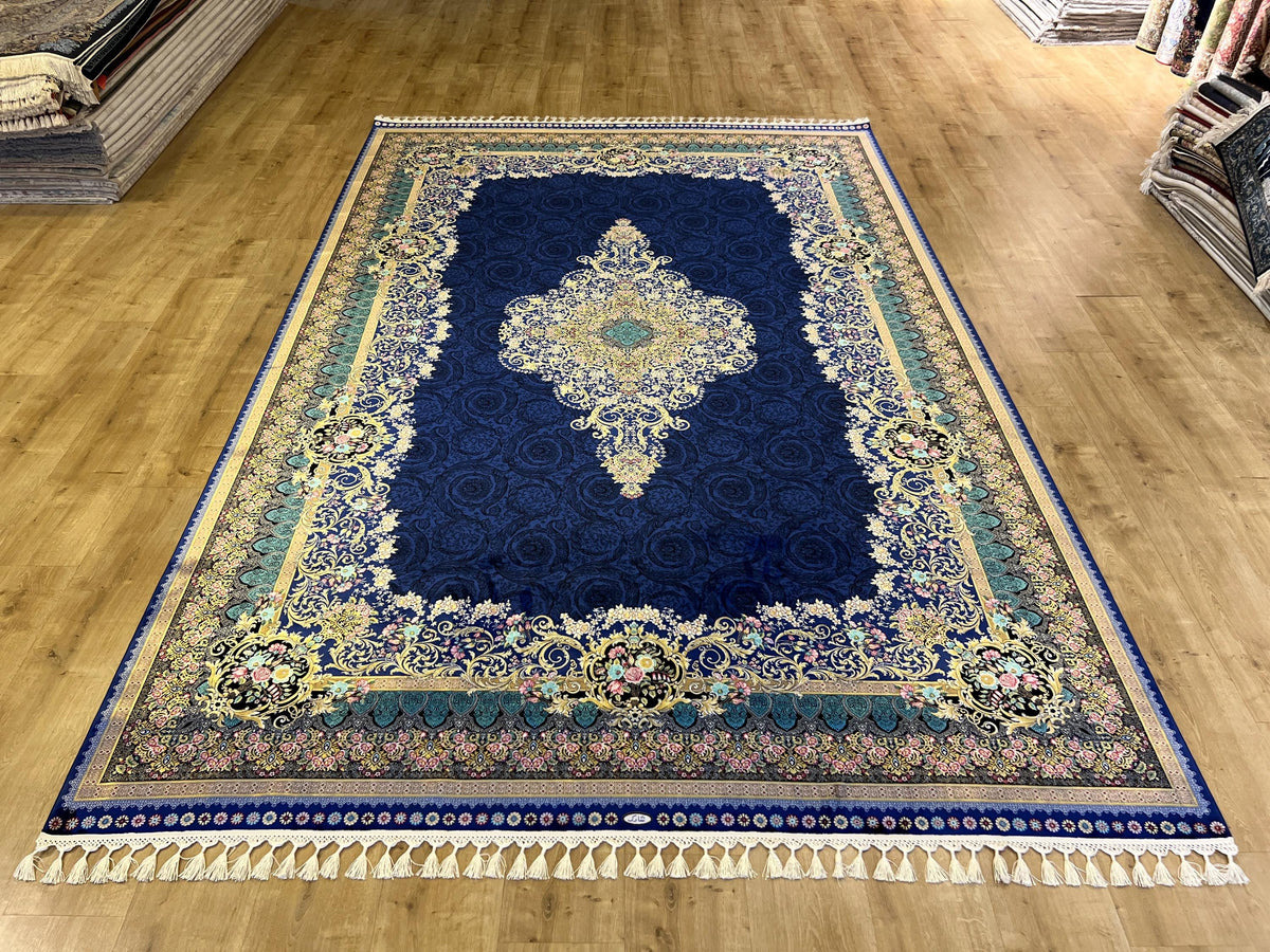 8x11 ft Navy Blue Silk Rug with Gold Floral Patterns, Classic Medallion Area Rug