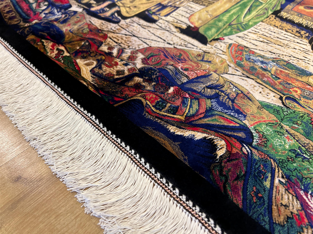 3x5 Ft Tapestry Silk Rug With Historic Bazaar Illustration, Wall Decor
