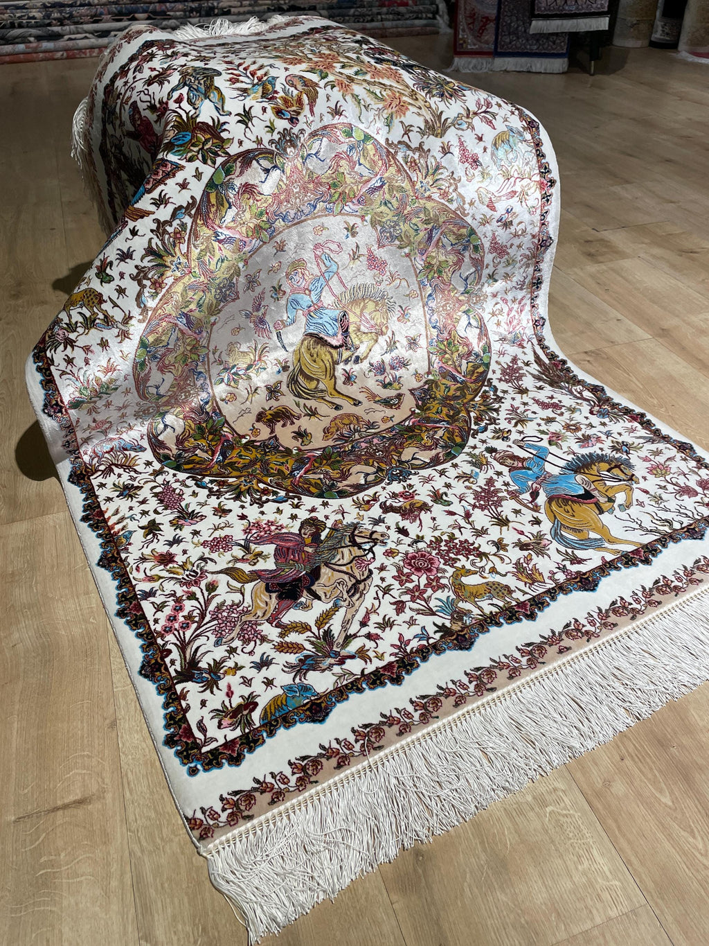 Ivory Decorative Silk Tapestry Rug With Art Motifs, Floral Design