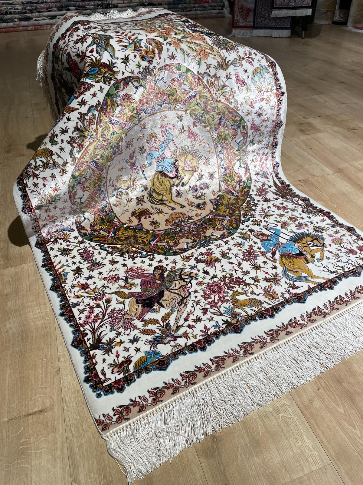 Ivory Decorative Silk Tapestry Rug With Art Motifs, Floral Design