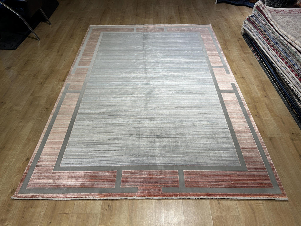 7x10 ft Pink Gray Beige Bamboo Rug, Bordered Minimalist Modern Rug, Oversize Carpet