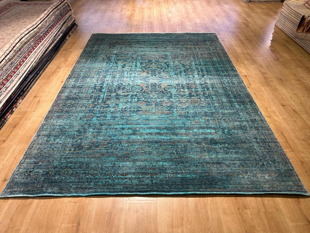 7x10 ft Turquoise Bamboo Rug, Distressed Pattern, Modern Rug