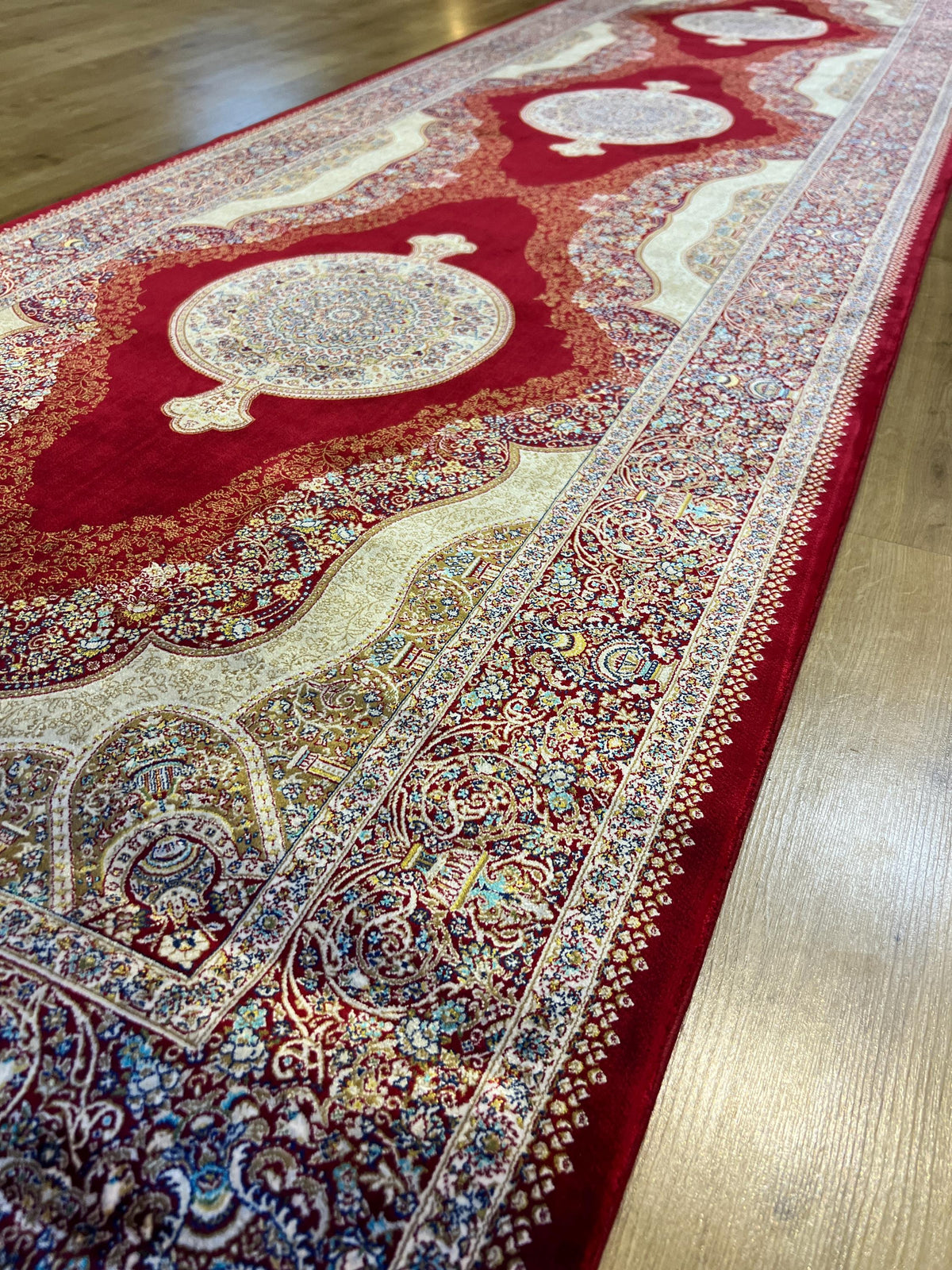 Red Medallion Silk Turkish Rug, Floral Pattern 3x10 ft Runner