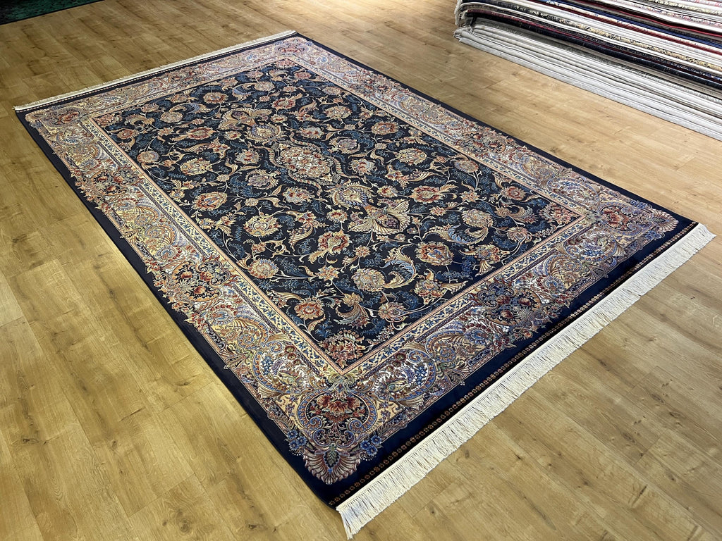 Dark Blue Silk Rug 6.5x9.8 ft, Traditional Turkish Carpet