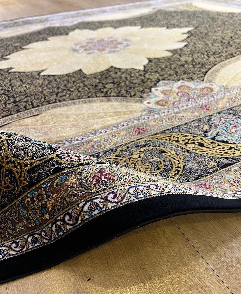 Black Gold Modal Silk Rug, Classic Turkish Style, Medallion Pattern