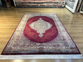 5x8 ft Red Silk Rug, Gold Green Floral Medallion, Elegant Turkish Carpet