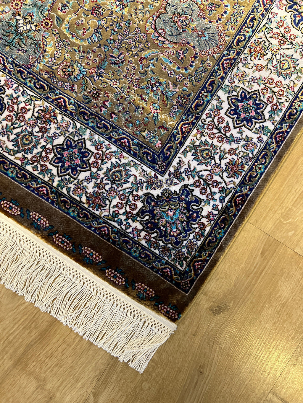 Gold Blue Silk Prayer Rug, Janamaz Mat, Muslim Gift Mat (2.62 X 4.10)