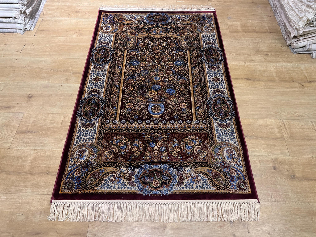 Red Modal Silk Prayer Rug, Muslim Janamaz Mat (2.62X4.10)
