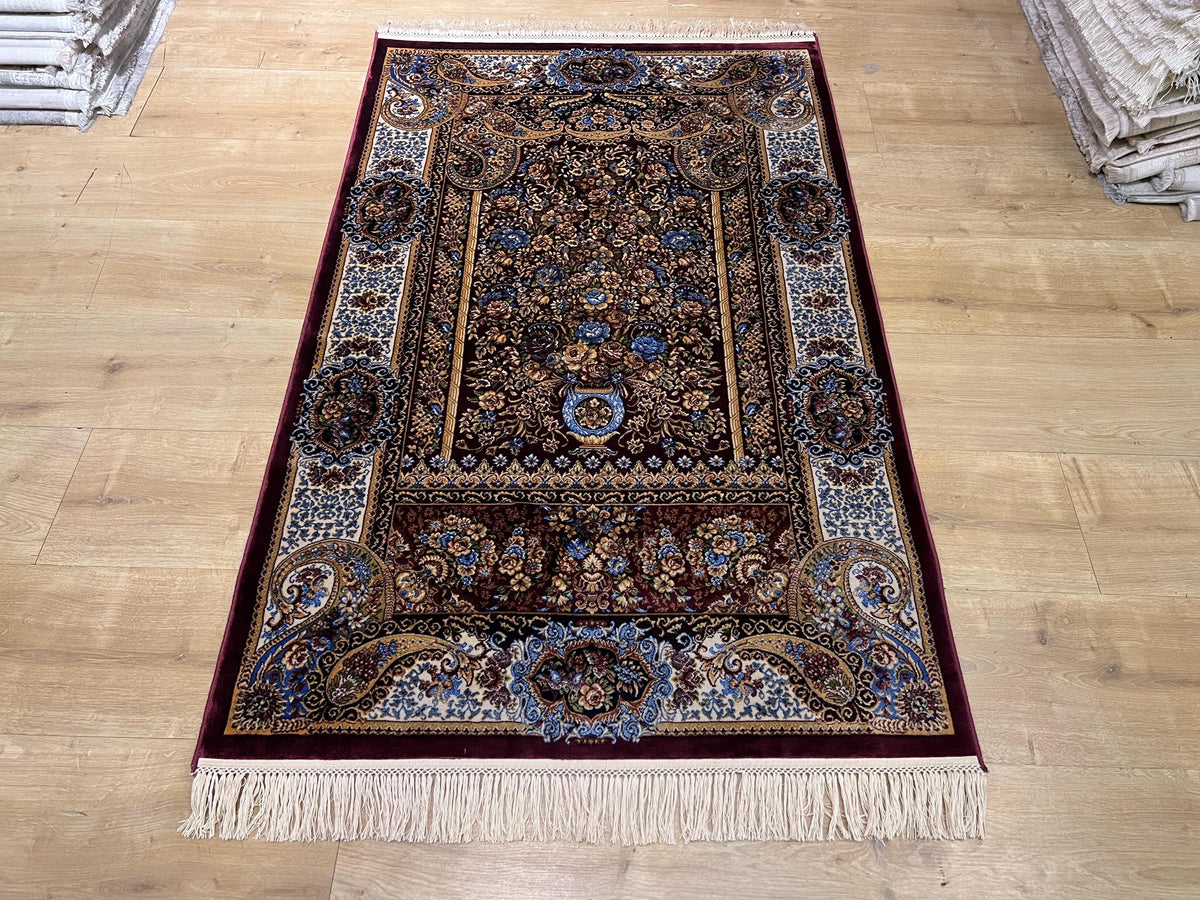 Red Modal Silk Prayer Rug, Muslim Janamaz Mat (2.62X4.10)