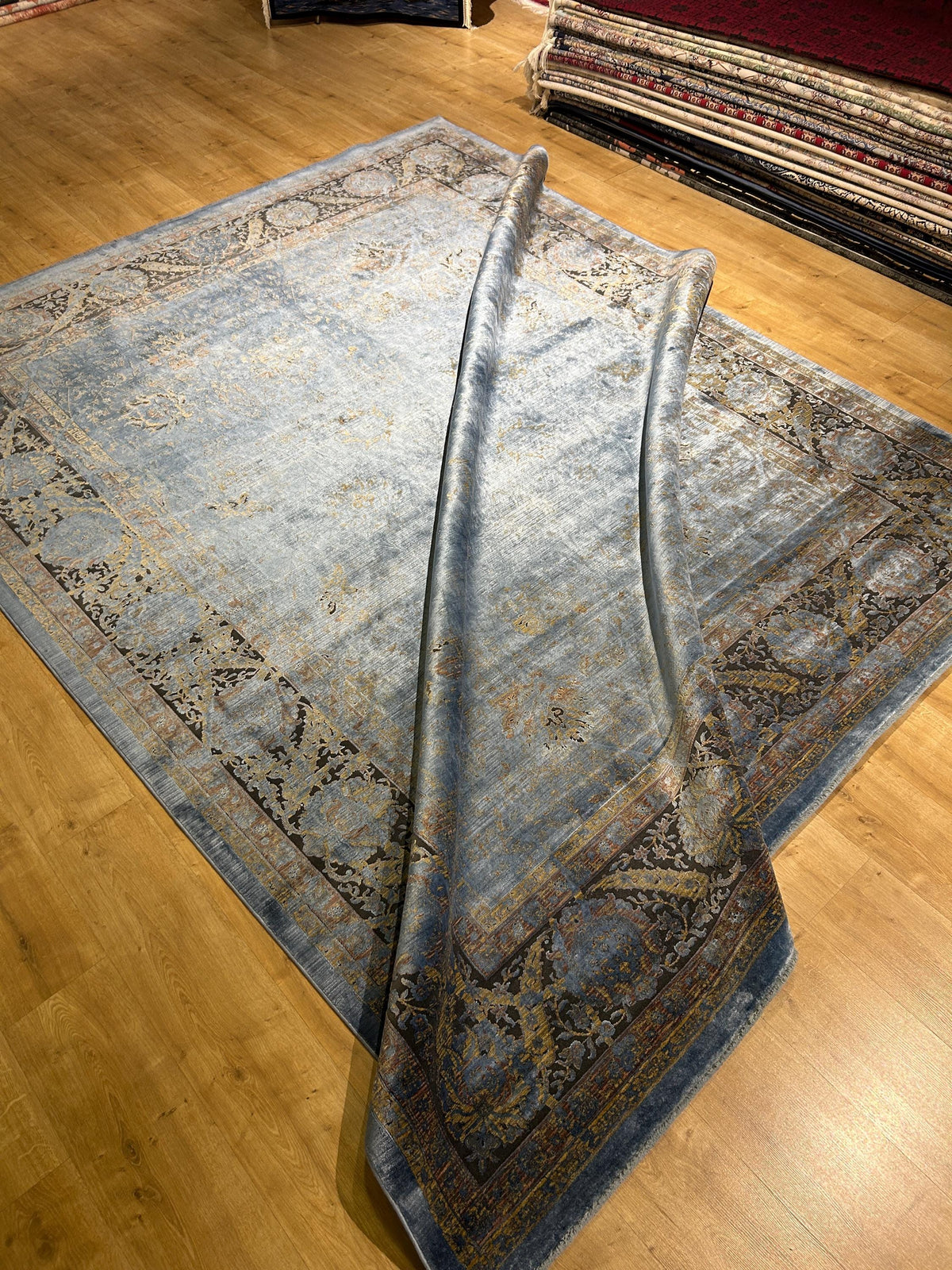 8x10 ft Blue Bamboo Rug, Distressed Pattern, Bordered Modern Rug