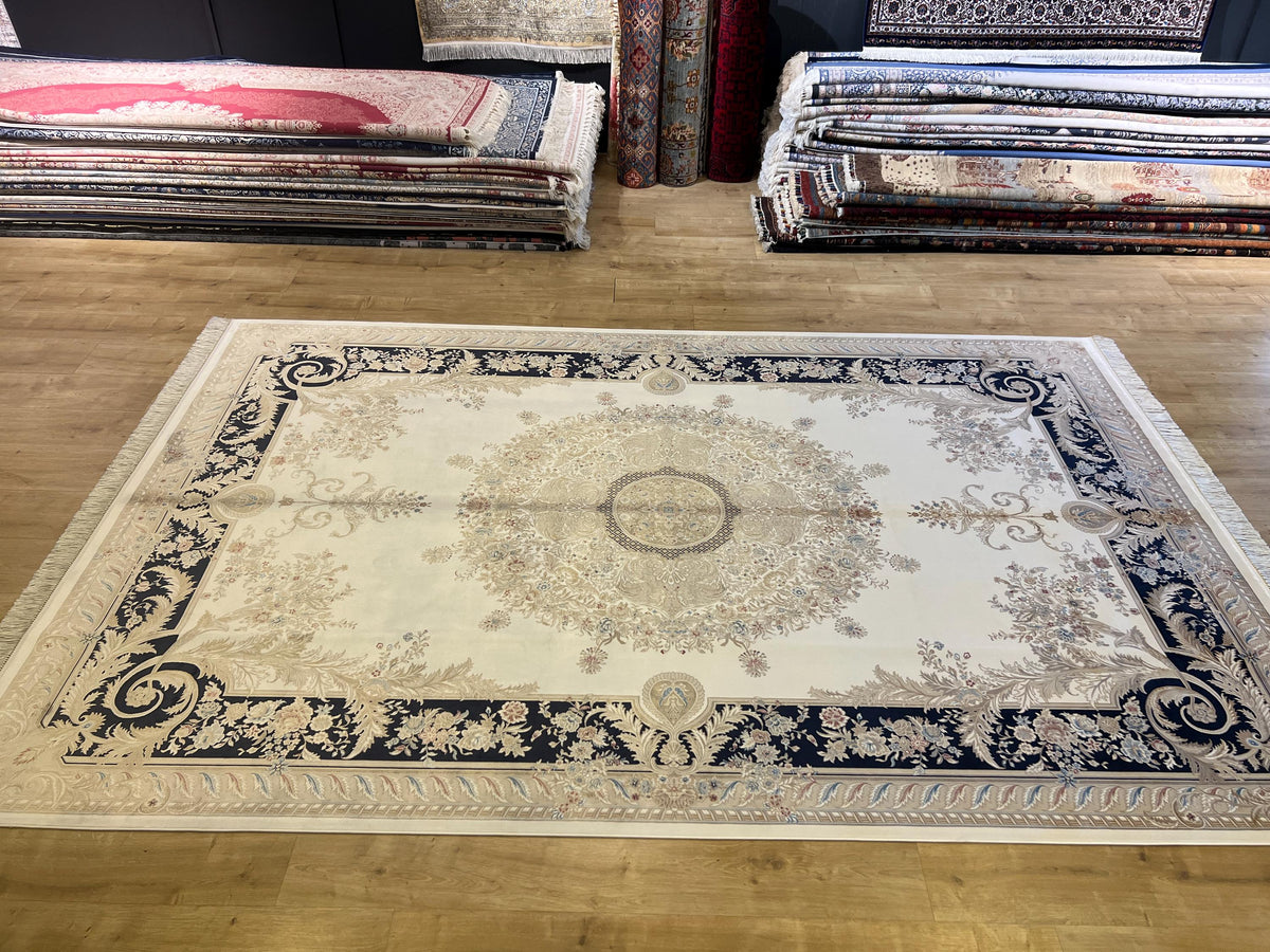 7x10 ft Ivory Silk Rug, Navy Blue Border Gold Medallion, Classic Turkish Rug