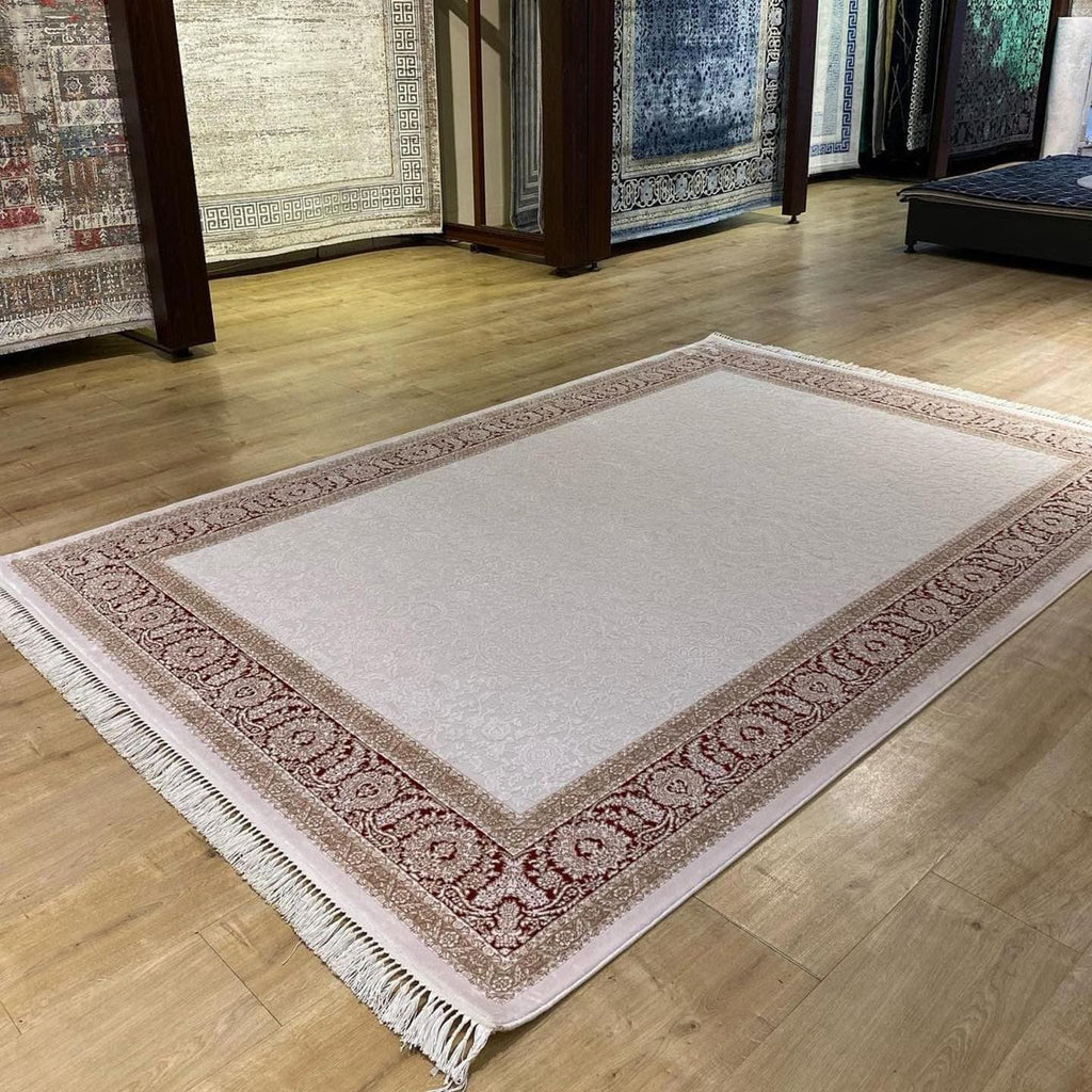 Beige Red Bamboo Rug, Turkish Carpet, Home Decor (5x8 ft)
