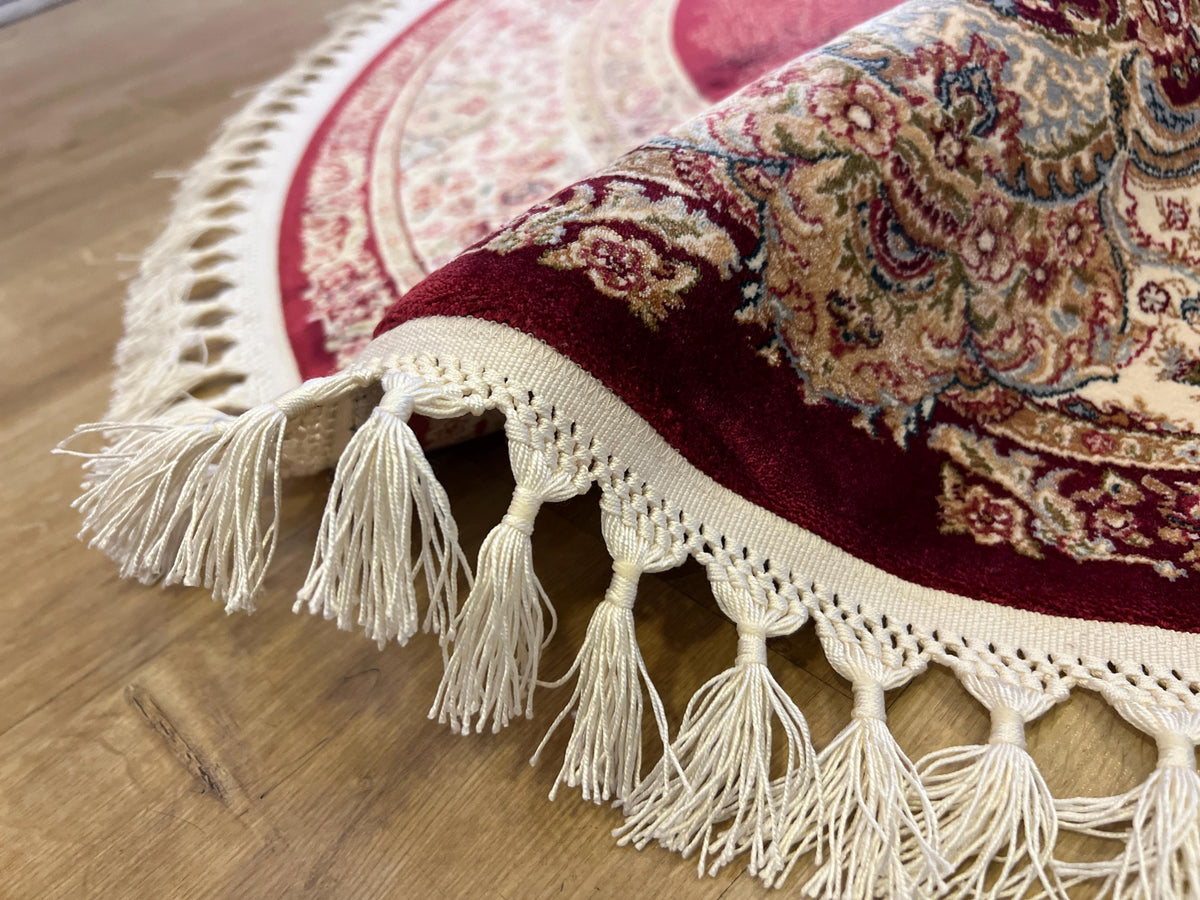 Round Silk Rug, Red Classic Turkish Carpet, Floral Medallion